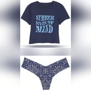 XXL ❤️VS PINK Dreamer Cotton Crop Tee No Show High Leg Thong Panty Set Navy